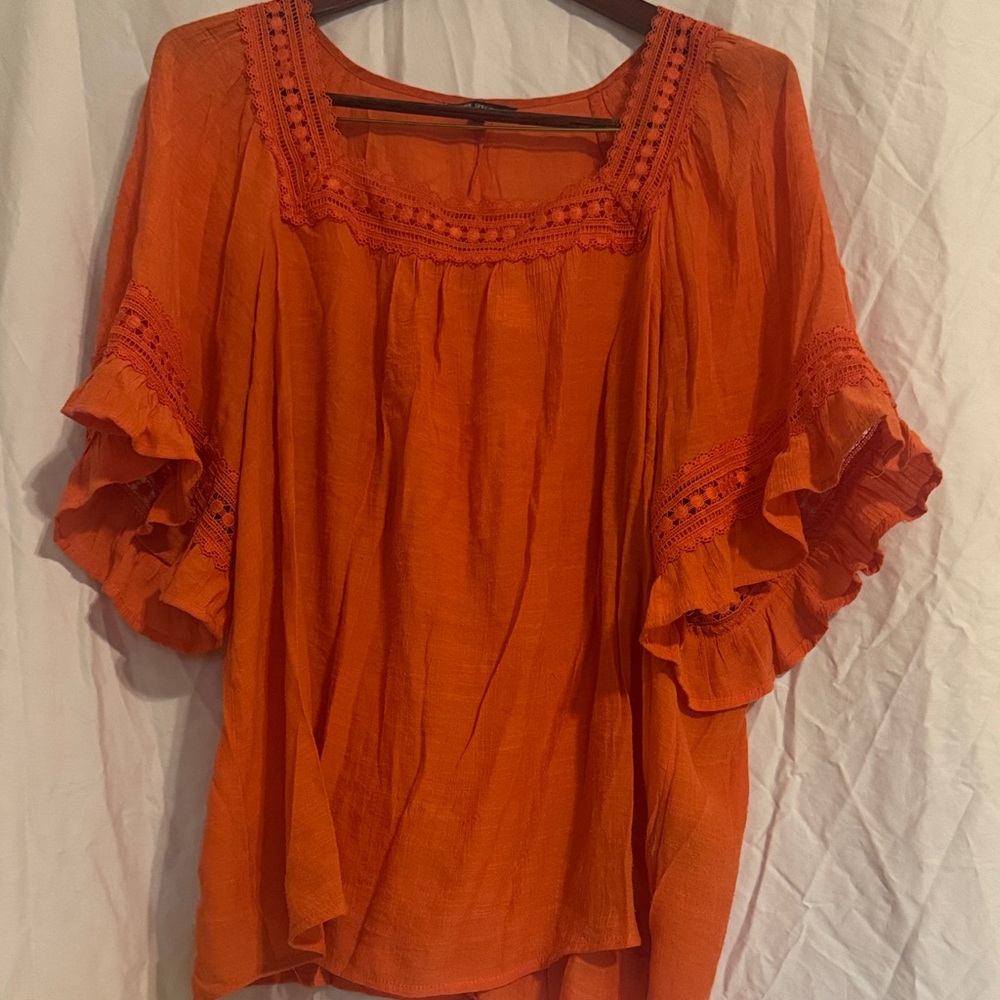 Unique Spectrum Vibrant Orange Blouse with Ruffle Sleeves